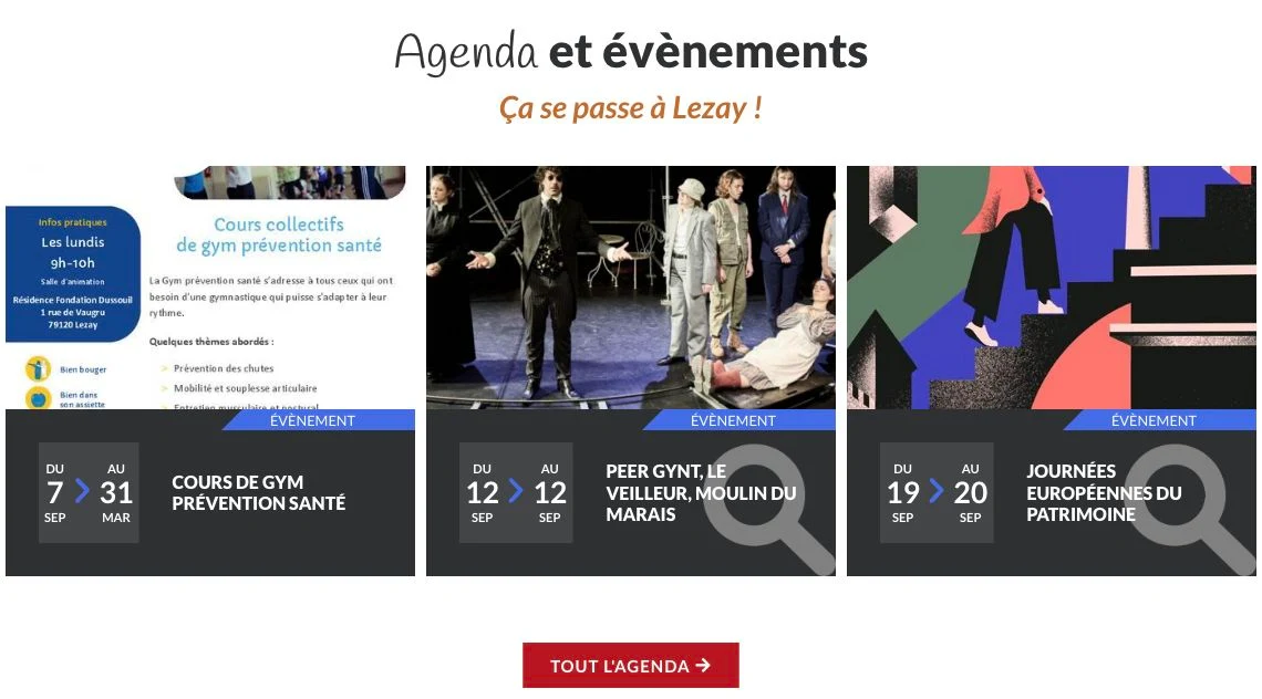 Exemple réel à Lezay : trois événements Citykomi présentés dans l’agenda du site municipal.