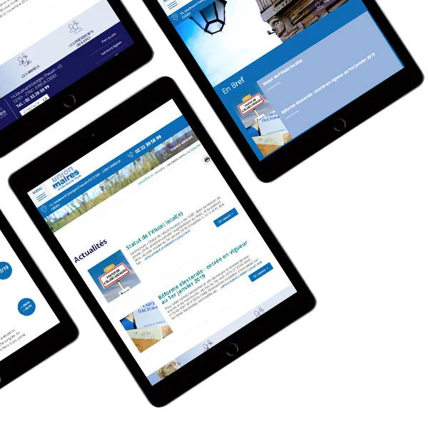 Présentation du site UMEE27 sur tablette : accès aux actualités de l’Union des maires et des élus de l’Eure.