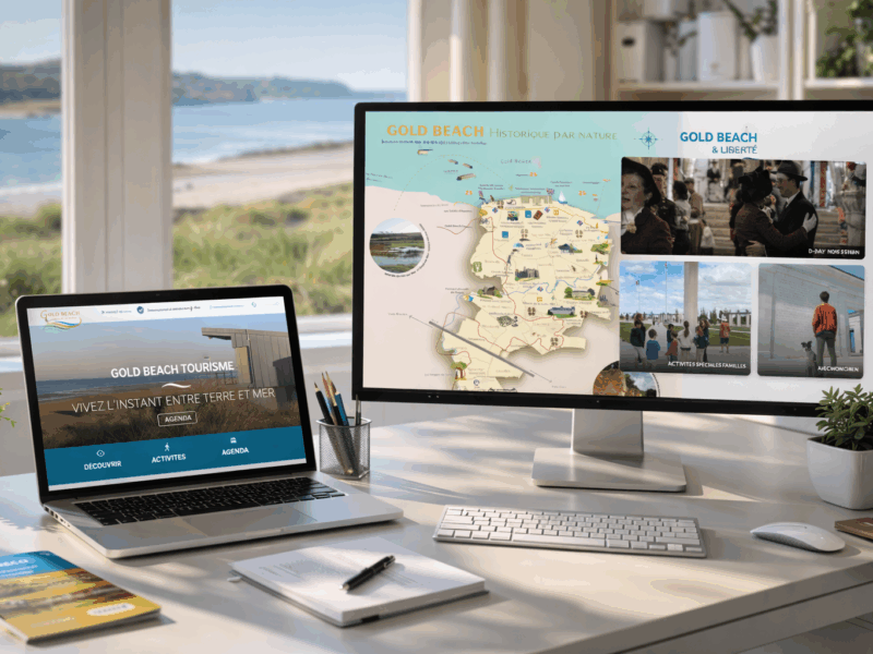 Site Gold Beach Tourisme présenté sur ordinateur portable et écran de bureau