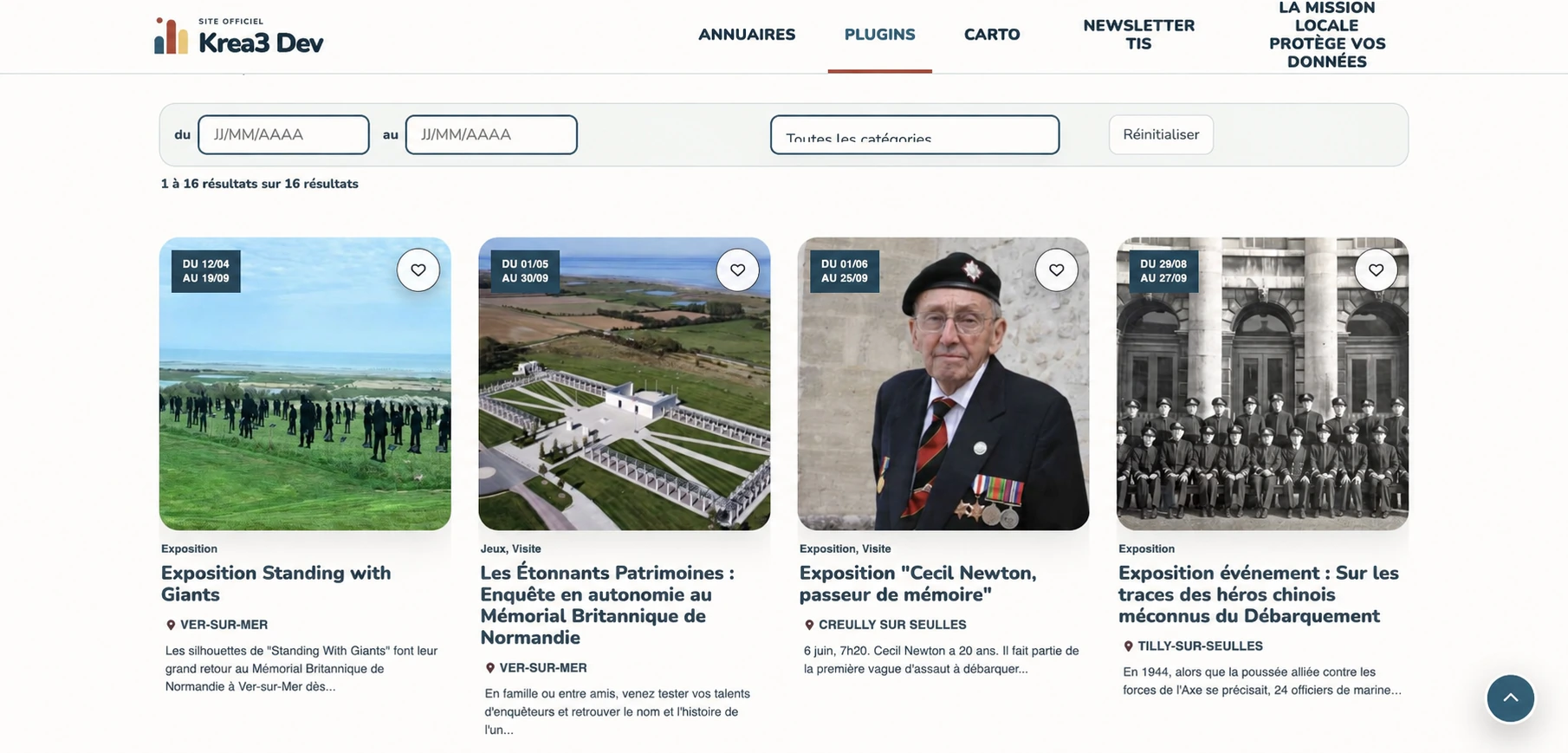 Agenda avec filtres de recherche et cartes d’événements illustrées.