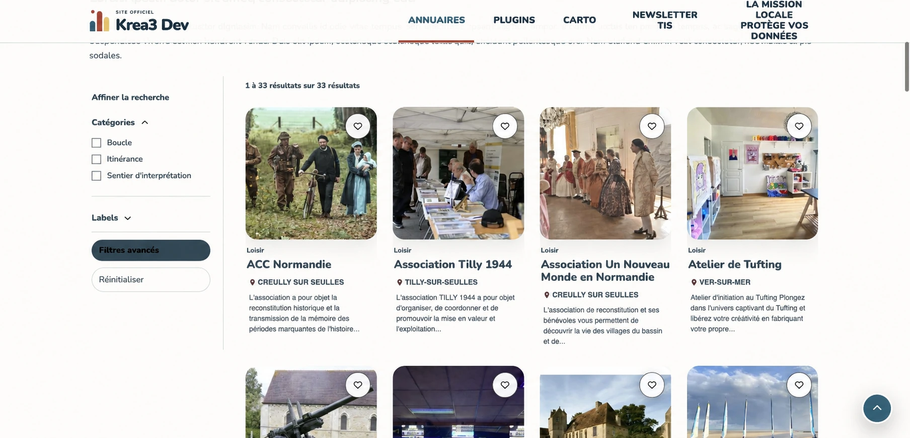 Annuaire avec filtres latéraux et fiches d’associations illustrées.