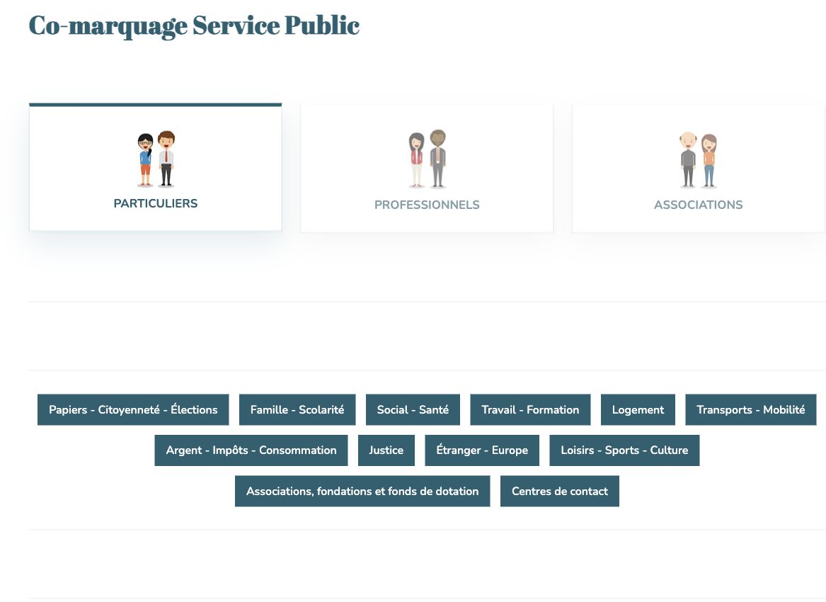Accès aux démarches pour les particuliers, professionnels et associations, classées par thème.