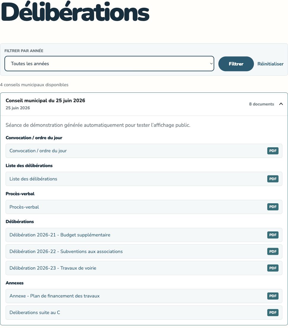 Documents d’un conseil municipal de démonstration, classés par type avec filtre annuel.