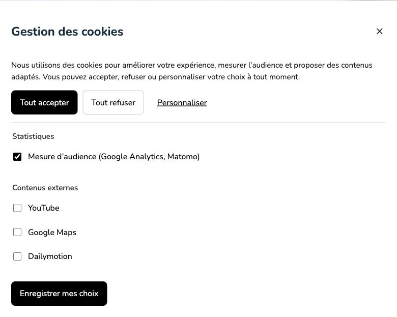 Fenêtre Krea3 pour accepter, refuser ou personnaliser les cookies par catégorie.