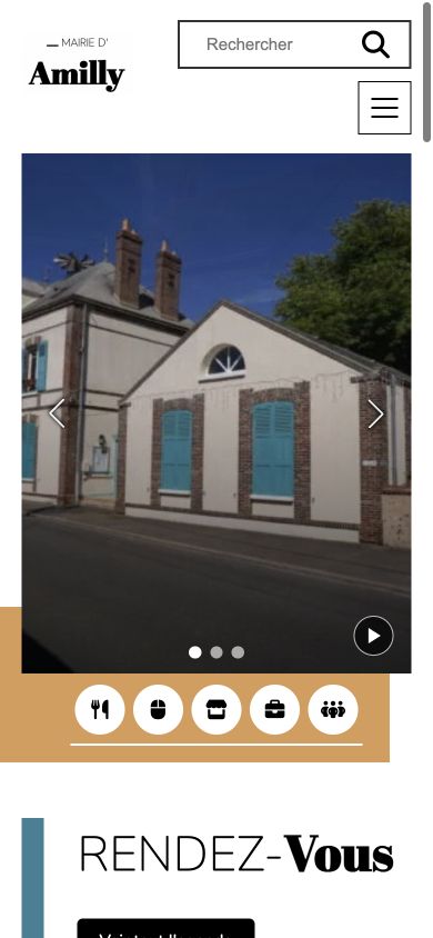 Accueil du site de la mairie d’Amilly sur téléphone : menu mobile et raccourcis vers les services