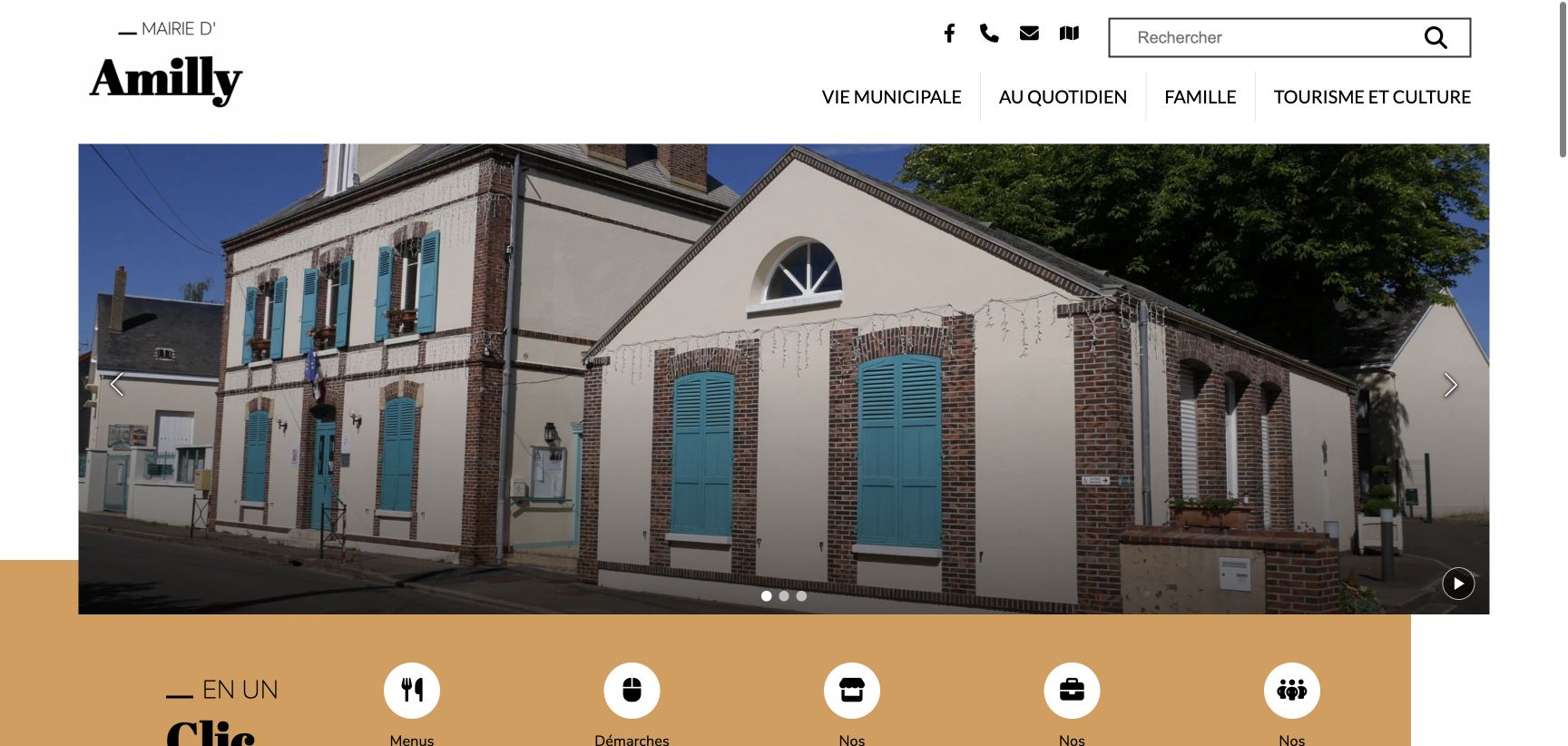 Accueil du site de la mairie d’Amilly sur ordinateur : photographie de la mairie et accès rapides