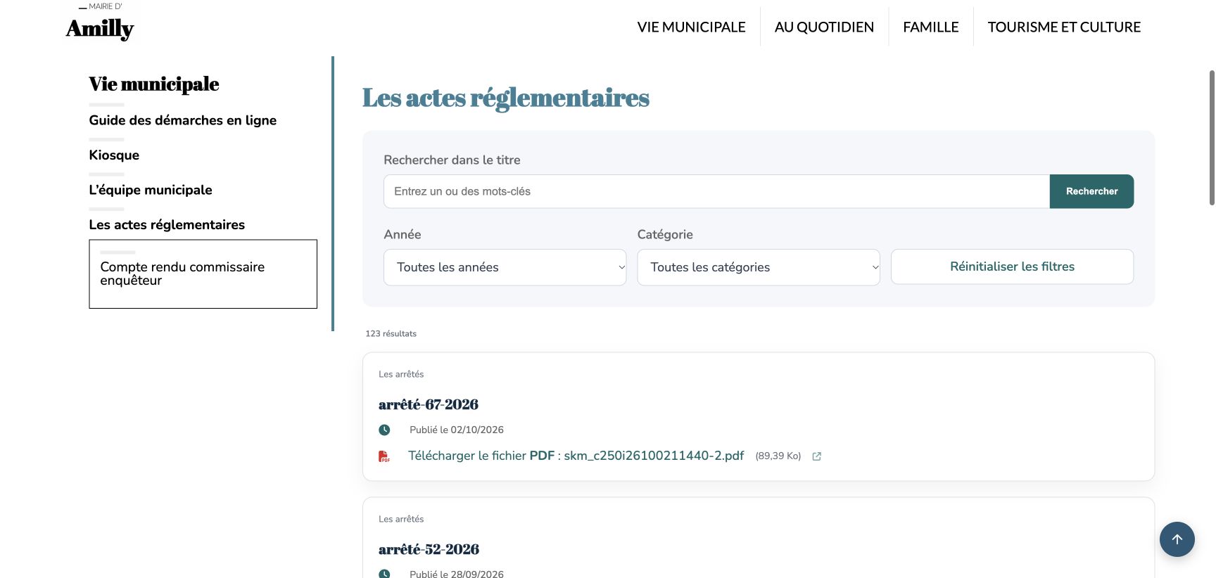 Actes réglementaires d’Amilly : recherche par titre, filtres par année et catégorie, documents PDF