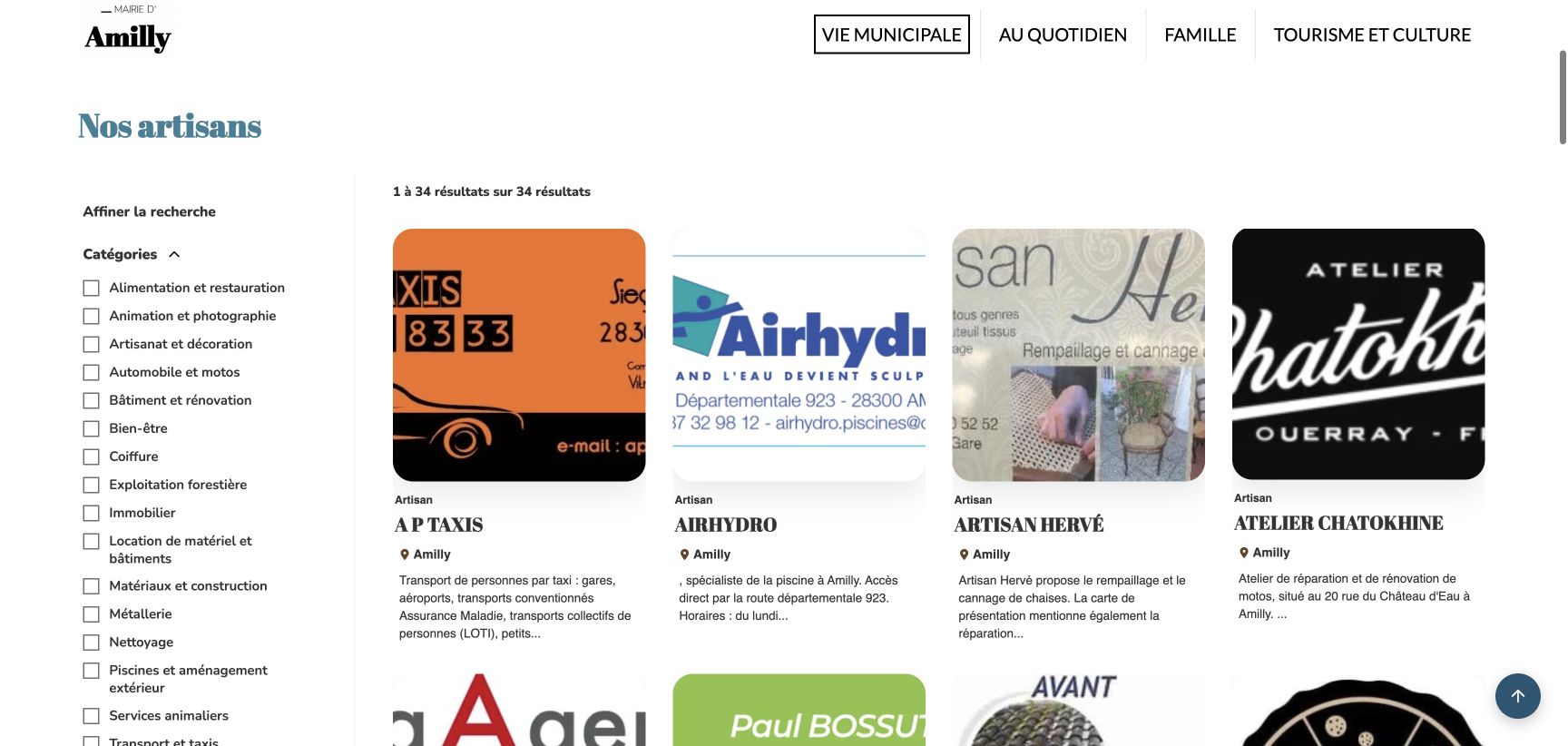 Annuaire des artisans d’Amilly : filtres par catégorie et fiches des professionnels